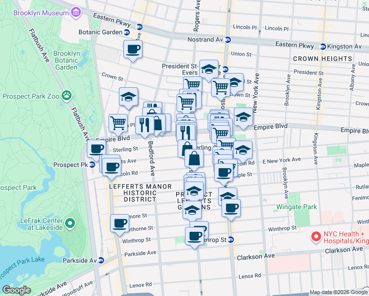 map of restaurants, bars, coffee shops, grocery stores, and more near 206 Lefferts Avenue in Brooklyn