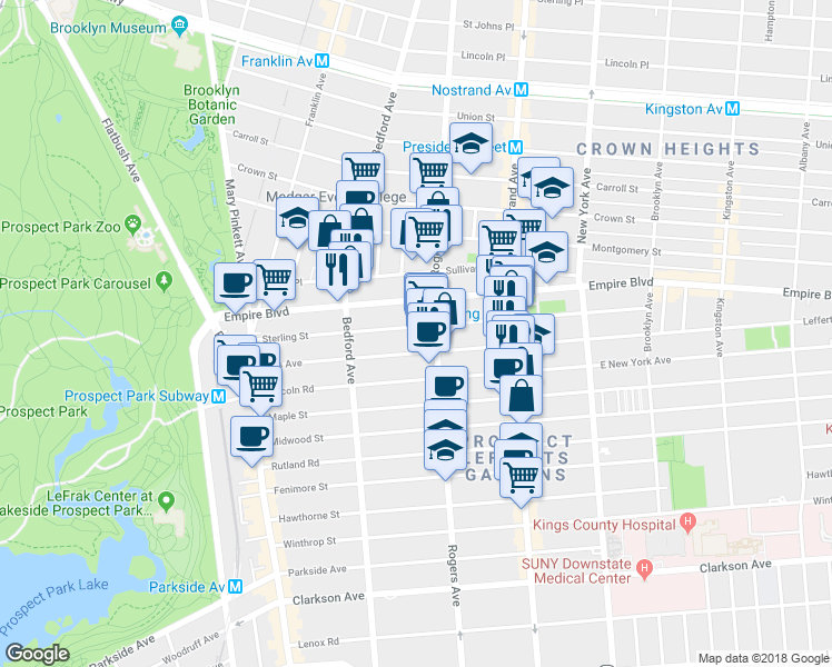 map of restaurants, bars, coffee shops, grocery stores, and more near 206 Lefferts Avenue in Brooklyn