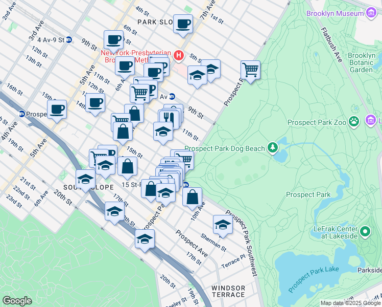 map of restaurants, bars, coffee shops, grocery stores, and more near 179 Prospect Park West in Brooklyn
