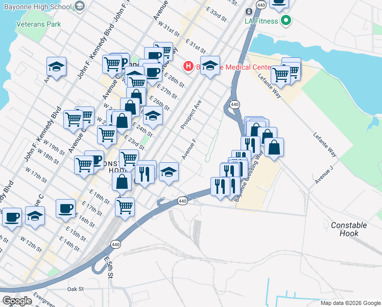 map of restaurants, bars, coffee shops, grocery stores, and more near 102 East 24th Street in Bayonne