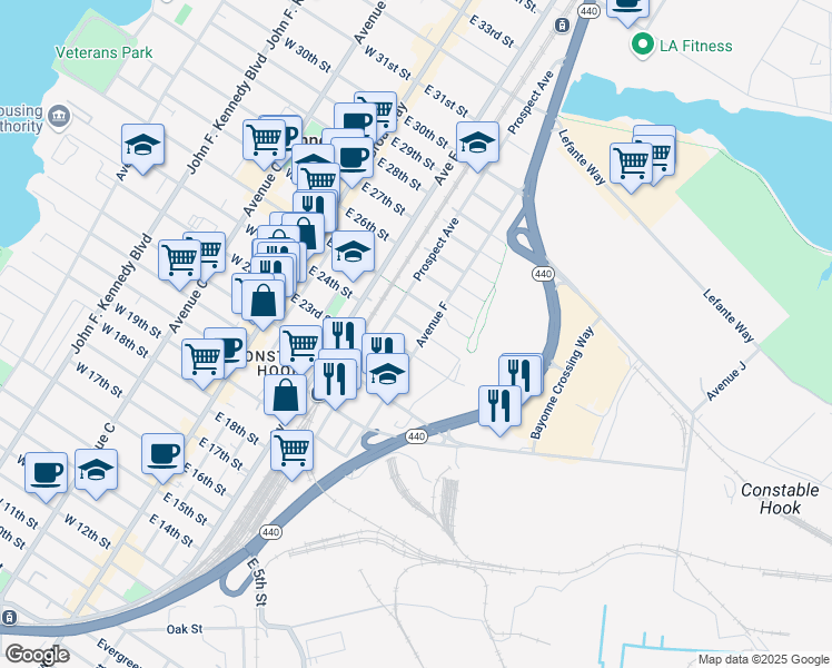 map of restaurants, bars, coffee shops, grocery stores, and more near 151 Avenue F in Bayonne