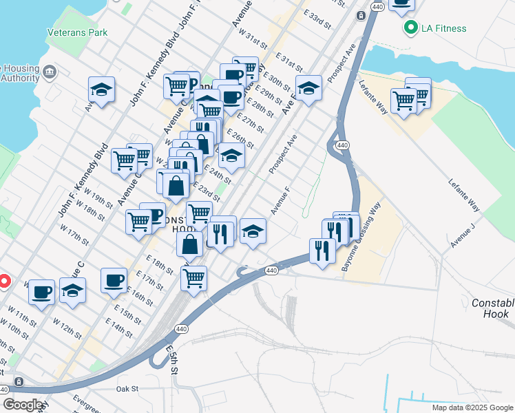 map of restaurants, bars, coffee shops, grocery stores, and more near 151 Avenue F in Bayonne