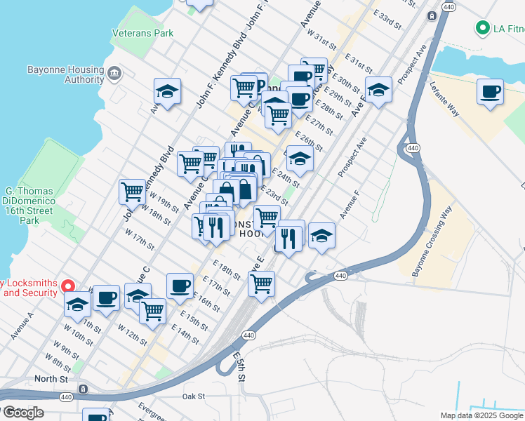map of restaurants, bars, coffee shops, grocery stores, and more near 34 East 22nd Street in Bayonne