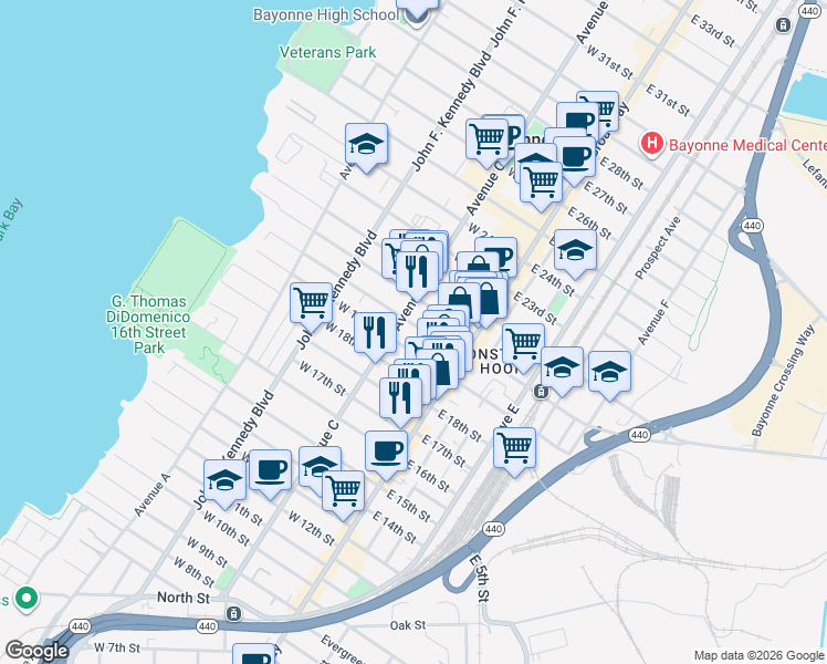 map of restaurants, bars, coffee shops, grocery stores, and more near 45 West 18th Street in Bayonne