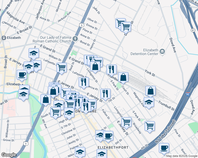 map of restaurants, bars, coffee shops, grocery stores, and more near 145 Division Street in Elizabeth