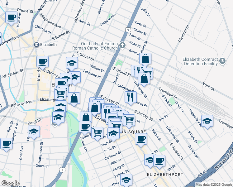 map of restaurants, bars, coffee shops, grocery stores, and more near 899 East Jersey Street in Elizabeth