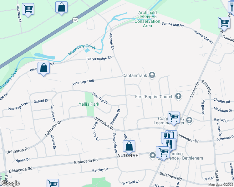 map of restaurants, bars, coffee shops, grocery stores, and more near 850 Laurel Drive in Bethlehem