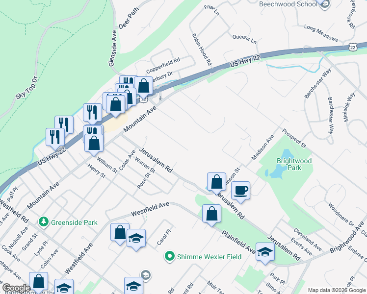 map of restaurants, bars, coffee shops, grocery stores, and more near 412 Acacia Road in Scotch Plains