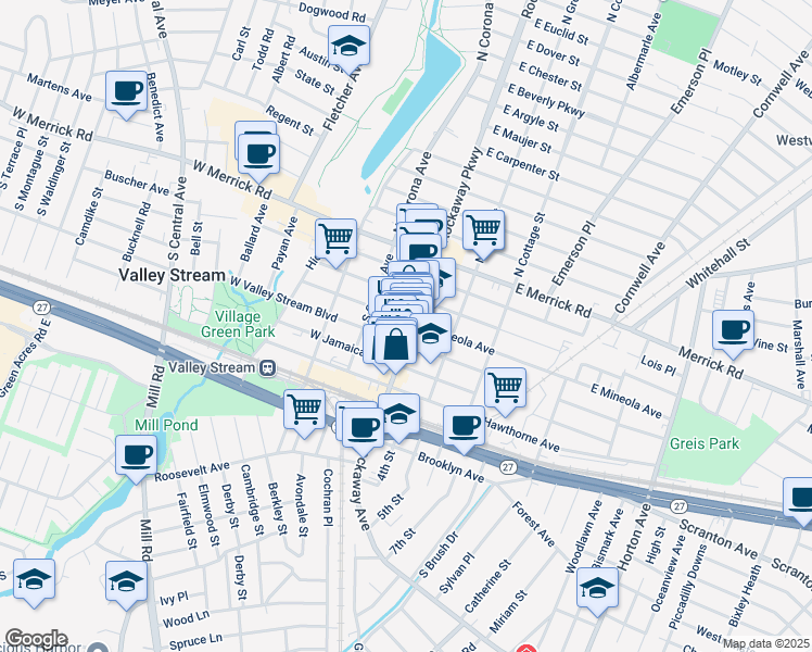 map of restaurants, bars, coffee shops, grocery stores, and more near 174 Rockaway Avenue in Valley Stream
