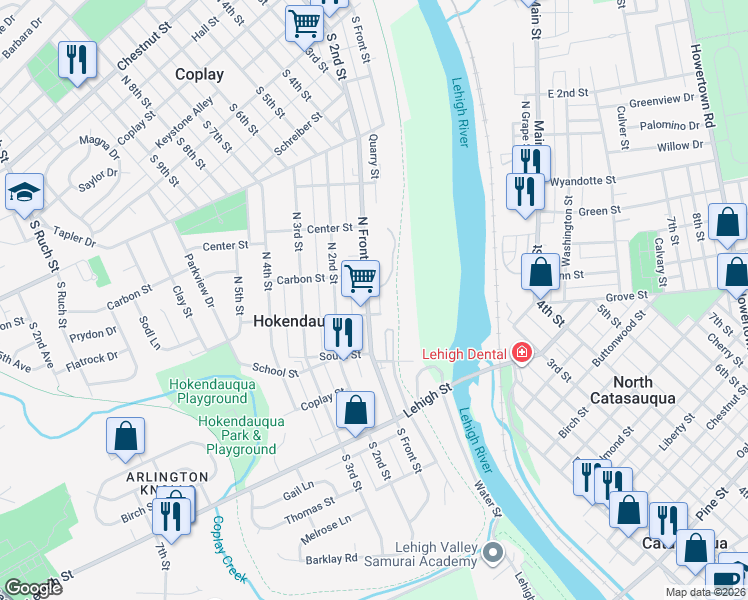 map of restaurants, bars, coffee shops, grocery stores, and more near 3030 North Front Street in Hokendauqua