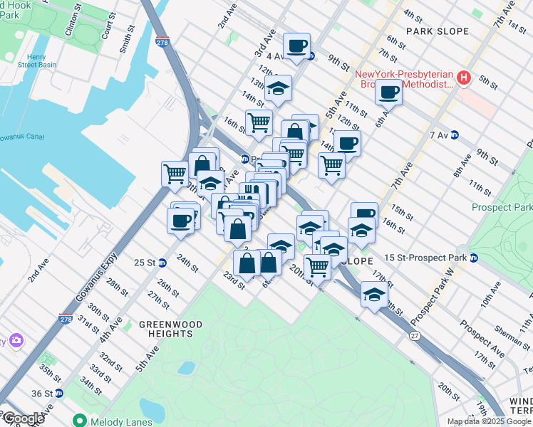 map of restaurants, bars, coffee shops, grocery stores, and more near 252 19th Street in Brooklyn