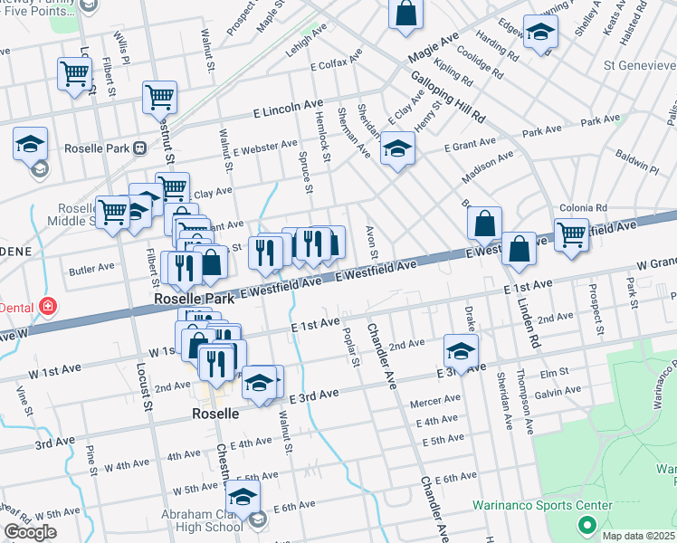map of restaurants, bars, coffee shops, grocery stores, and more near 102 Camden Street in Roselle Park