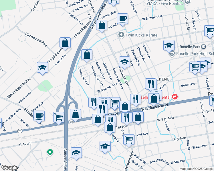 map of restaurants, bars, coffee shops, grocery stores, and more near 534 West Webster Avenue in Roselle Park