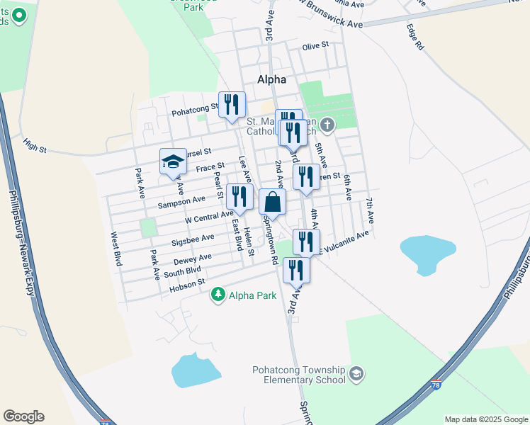 map of restaurants, bars, coffee shops, grocery stores, and more near 601 Springtown Road in Alpha