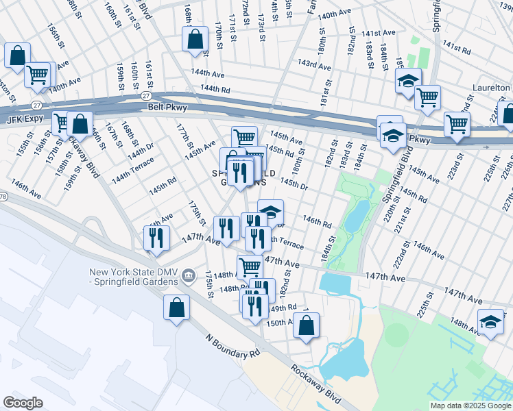 map of restaurants, bars, coffee shops, grocery stores, and more near 178-18 146th Road in Queens