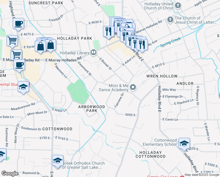 map of restaurants, bars, coffee shops, grocery stores, and more near 4930 Marilyn Drive in Holladay