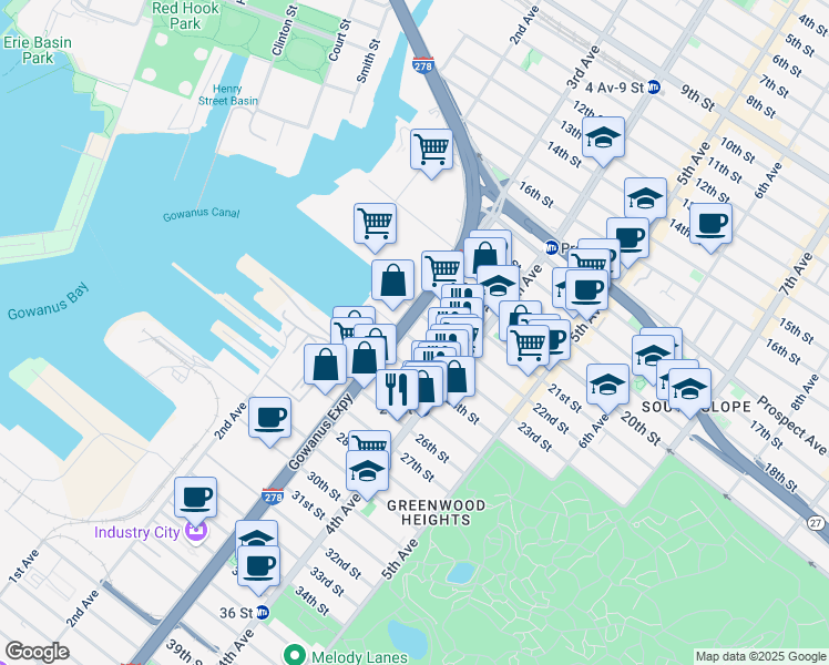 map of restaurants, bars, coffee shops, grocery stores, and more near 148 23rd Street in Brooklyn