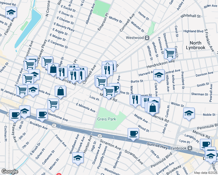 map of restaurants, bars, coffee shops, grocery stores, and more near 691 Merrick Road in Lynbrook