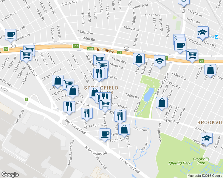 map of restaurants, bars, coffee shops, grocery stores, and more near 178-68 146th Road in Queens