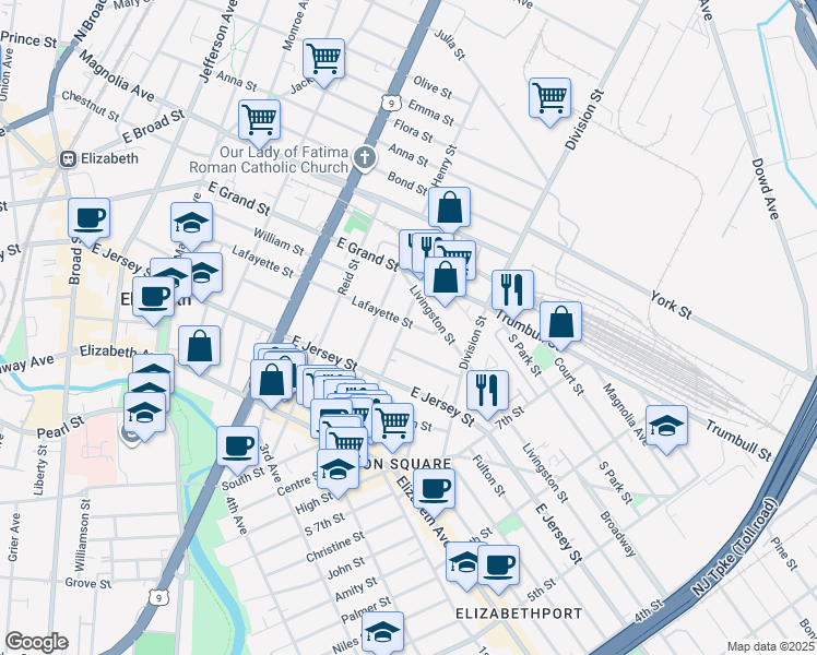 map of restaurants, bars, coffee shops, grocery stores, and more near 160 Smith Street in Elizabeth