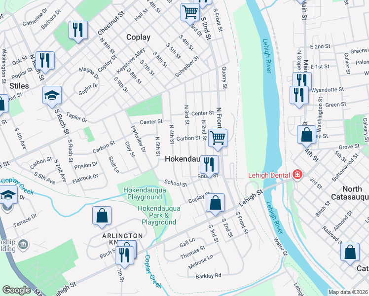 map of restaurants, bars, coffee shops, grocery stores, and more near 3202 North 4th Street in Hokendauqua
