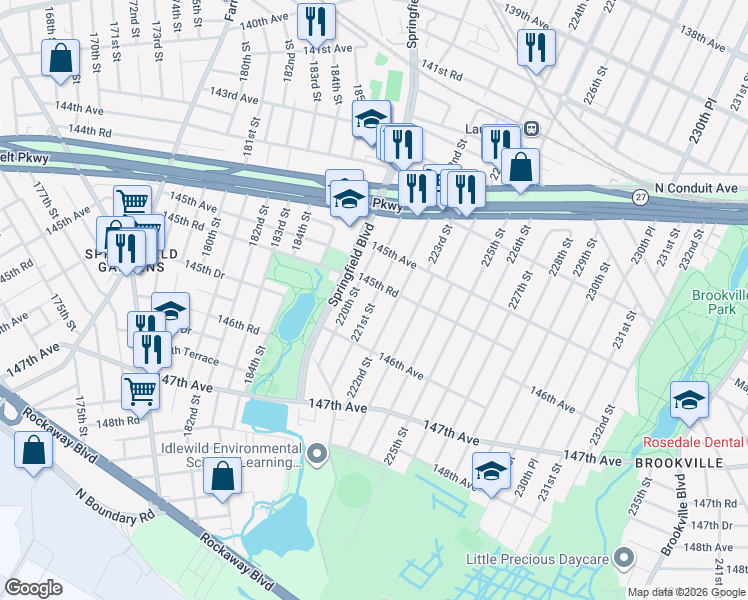 map of restaurants, bars, coffee shops, grocery stores, and more near 220-15 145th Road in Queens