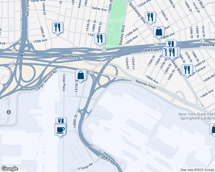 map of restaurants, bars, coffee shops, grocery stores, and more near JFK Expy in Queens