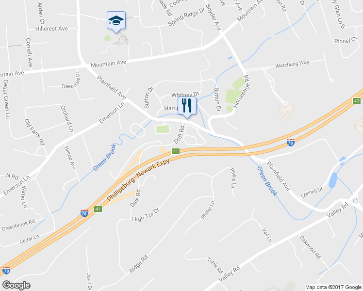 map of restaurants, bars, coffee shops, grocery stores, and more near 15 Stonegate Drive in Watchung