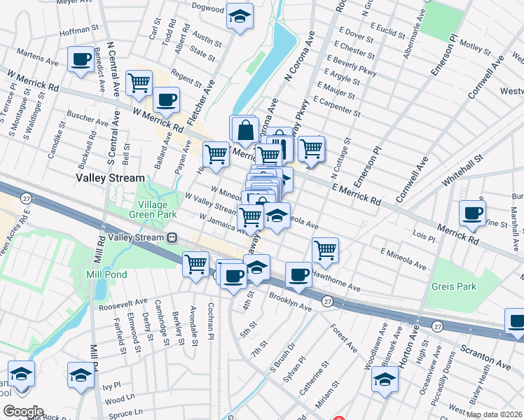 map of restaurants, bars, coffee shops, grocery stores, and more near 14 West Fairview Avenue in Valley Stream