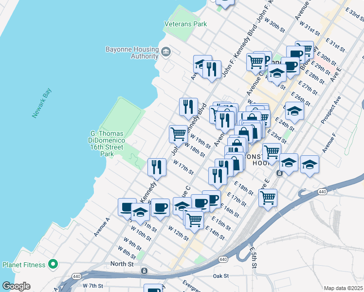 map of restaurants, bars, coffee shops, grocery stores, and more near 484 John F. Kennedy Boulevard in Bayonne
