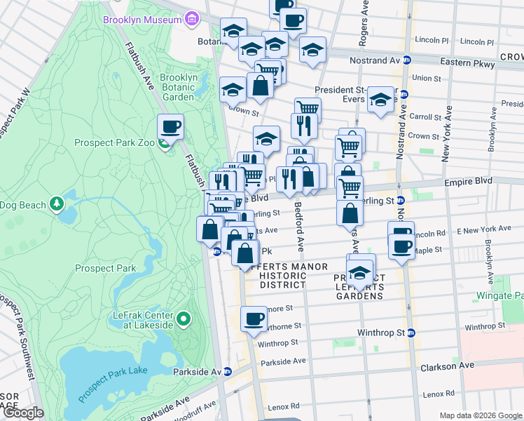 map of restaurants, bars, coffee shops, grocery stores, and more near 47 Sterling Street in Brooklyn