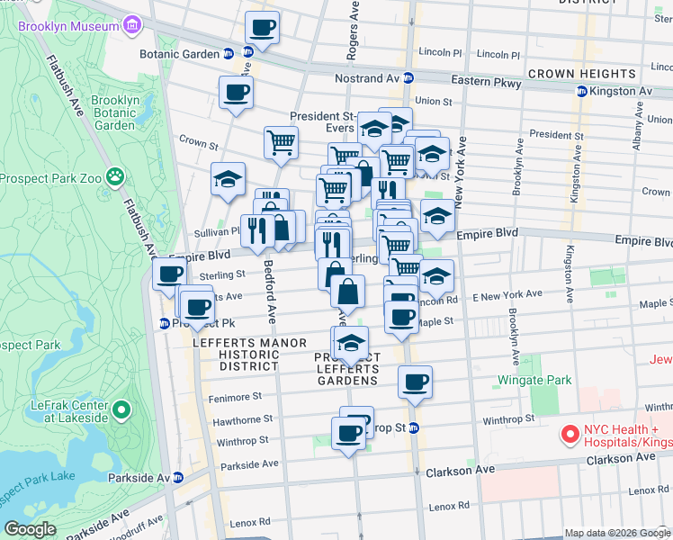 map of restaurants, bars, coffee shops, grocery stores, and more near 408 Rogers Avenue in Brooklyn