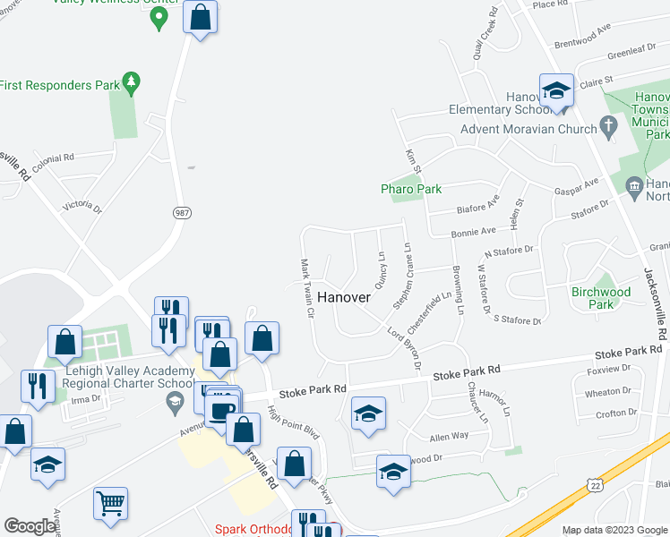 map of restaurants, bars, coffee shops, grocery stores, and more near 3655 Walt Whitman Lane in Bethlehem