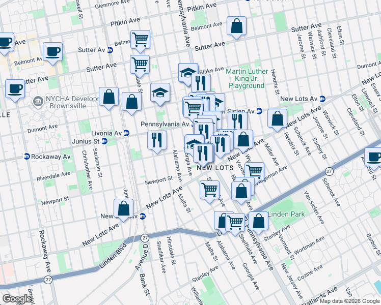map of restaurants, bars, coffee shops, grocery stores, and more near 560 Riverdale Avenue in Brooklyn