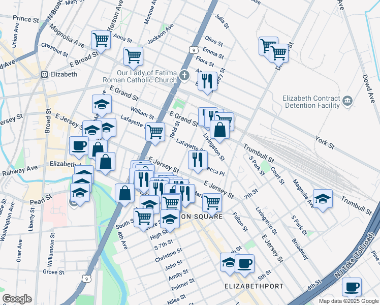 map of restaurants, bars, coffee shops, grocery stores, and more near 917 Lafayette Street in Elizabeth
