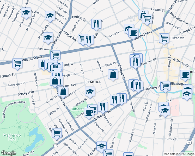 map of restaurants, bars, coffee shops, grocery stores, and more near 313 West Jersey Street in Elizabeth