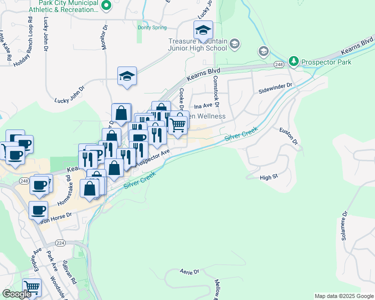 map of restaurants, bars, coffee shops, grocery stores, and more near 2105 Prospector Avenue in Park City