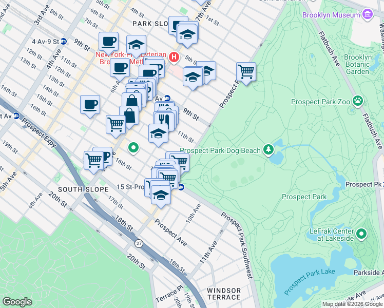 map of restaurants, bars, coffee shops, grocery stores, and more near Prospect Park West & 12th St in Brooklyn