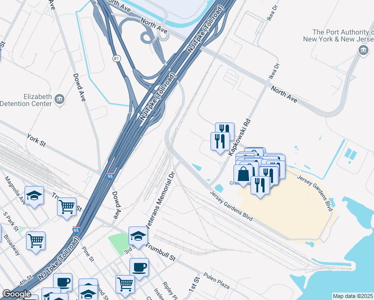 map of restaurants, bars, coffee shops, grocery stores, and more near 87 Glimcher Realty Way in Elizabeth