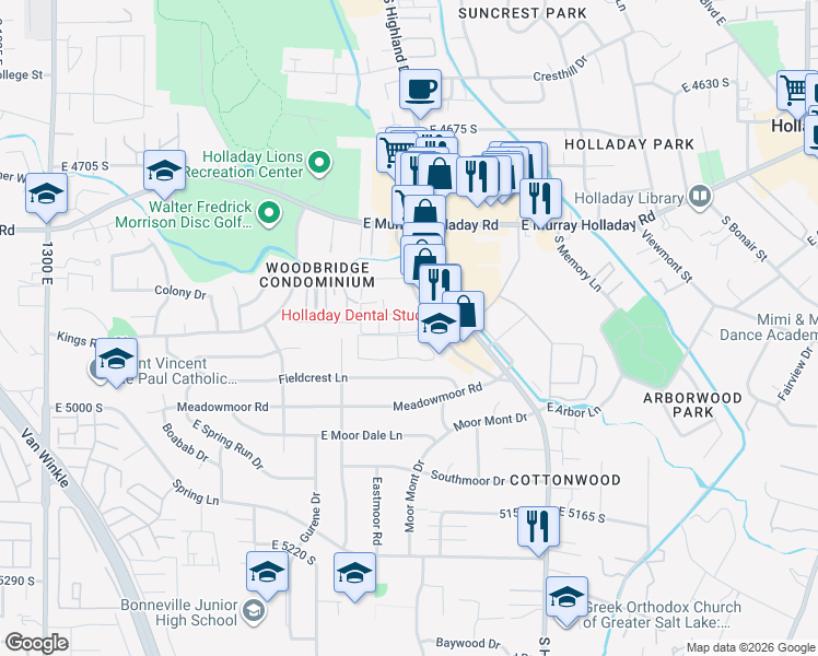 map of restaurants, bars, coffee shops, grocery stores, and more near 4838 Highland Drive in Holladay