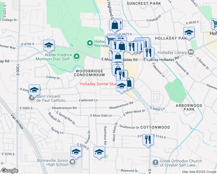 map of restaurants, bars, coffee shops, grocery stores, and more near 4874 Highland Circle in Holladay