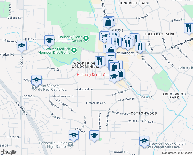 map of restaurants, bars, coffee shops, grocery stores, and more near 4874 Highland Circle in Holladay