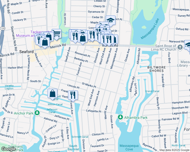 map of restaurants, bars, coffee shops, grocery stores, and more near 253 West End Avenue in Massapequa