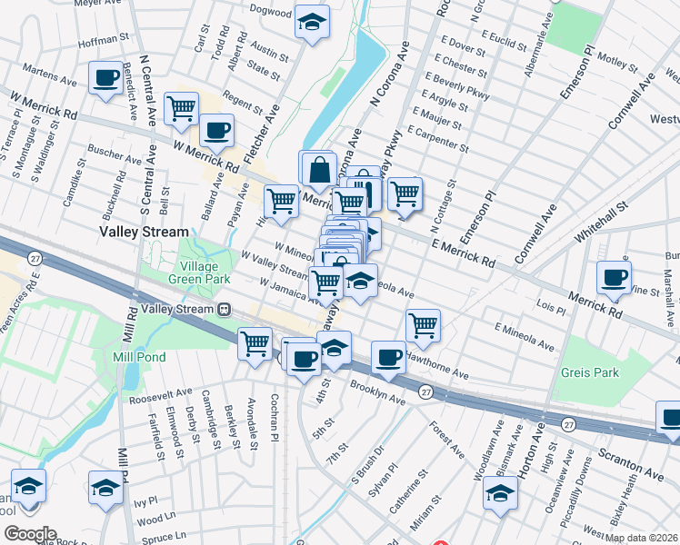 map of restaurants, bars, coffee shops, grocery stores, and more near 14 West Fairview Avenue in Valley Stream