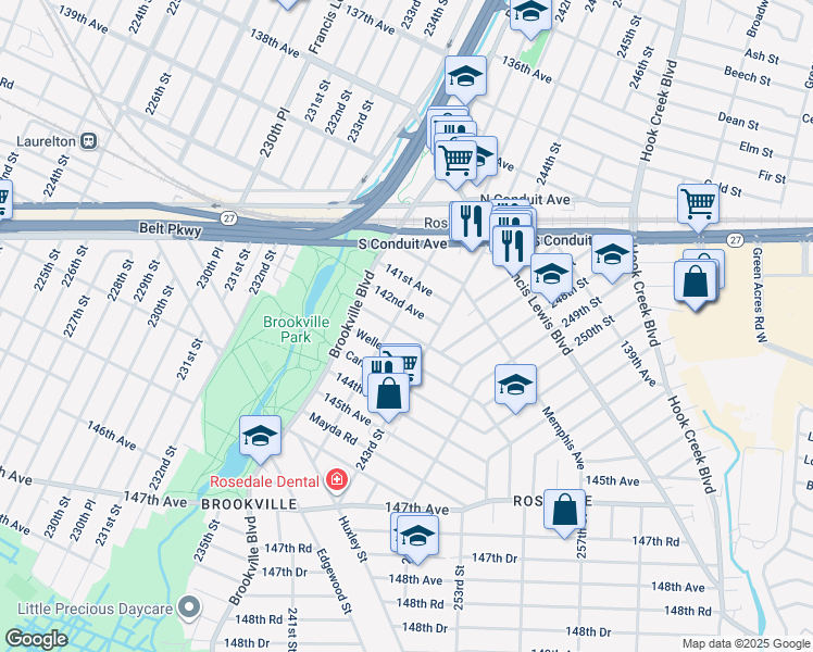 map of restaurants, bars, coffee shops, grocery stores, and more near 241-05 142nd Avenue in Queens
