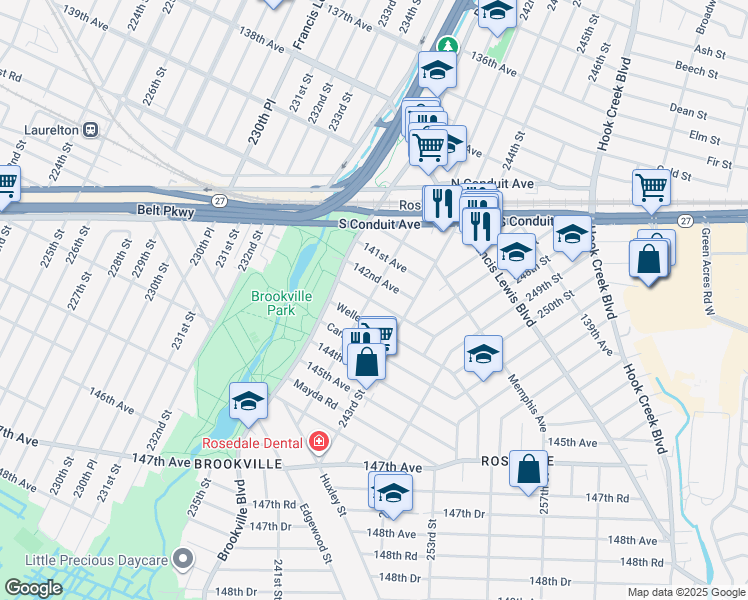 map of restaurants, bars, coffee shops, grocery stores, and more near 241-05 142nd Avenue in Queens