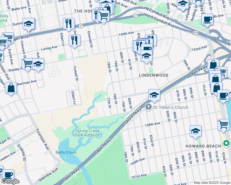 map of restaurants, bars, coffee shops, grocery stores, and more near 15511 78th Street in Queens