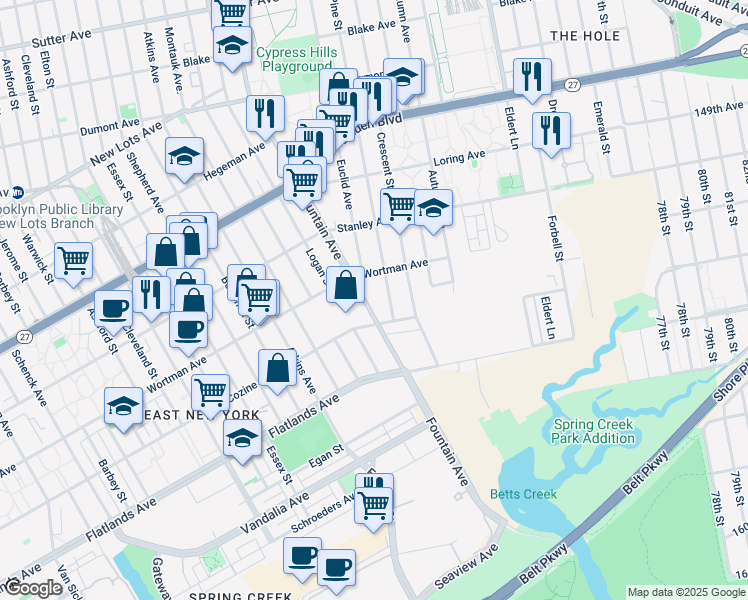 map of restaurants, bars, coffee shops, grocery stores, and more near 674 Wortman Avenue in Brooklyn