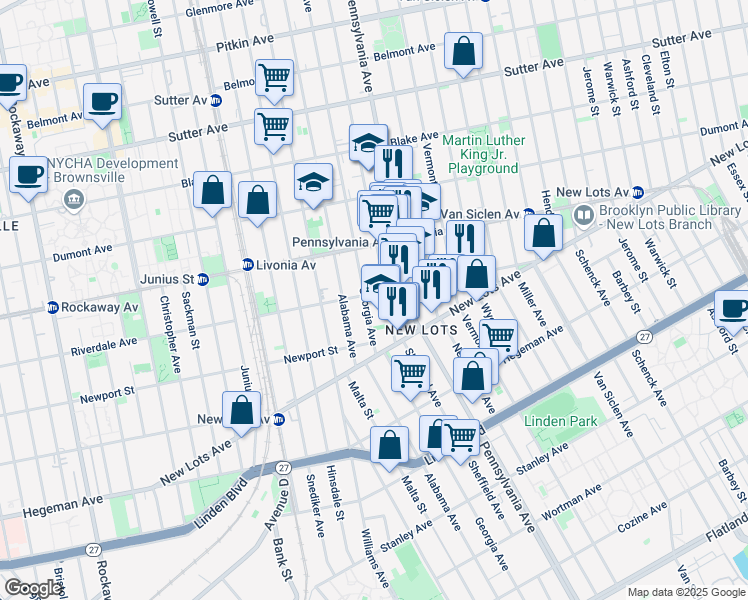 map of restaurants, bars, coffee shops, grocery stores, and more near 574 Granville Payne Avenue in Brooklyn