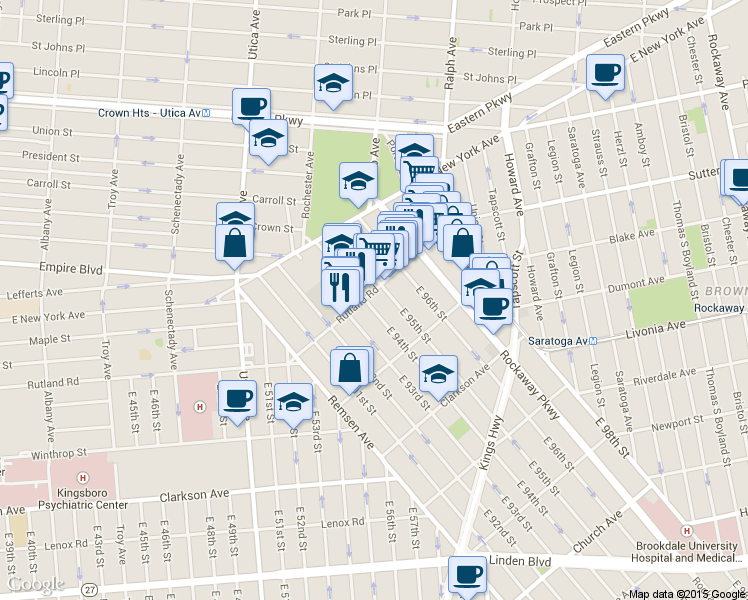 map of restaurants, bars, coffee shops, grocery stores, and more near 80 East 95th Street in Brooklyn